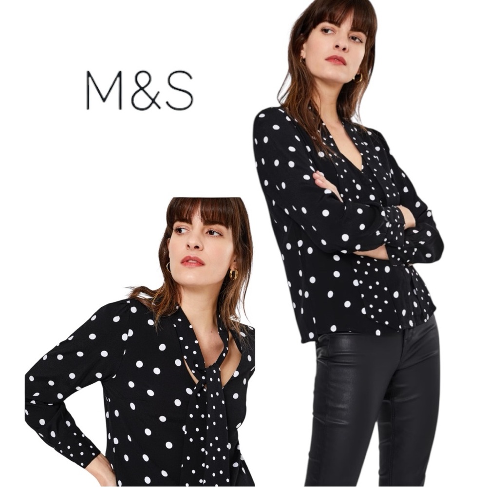 π·M&S Black White Polka Dot Tie Neck Blouse Long Sleeve Size 10 3/$30